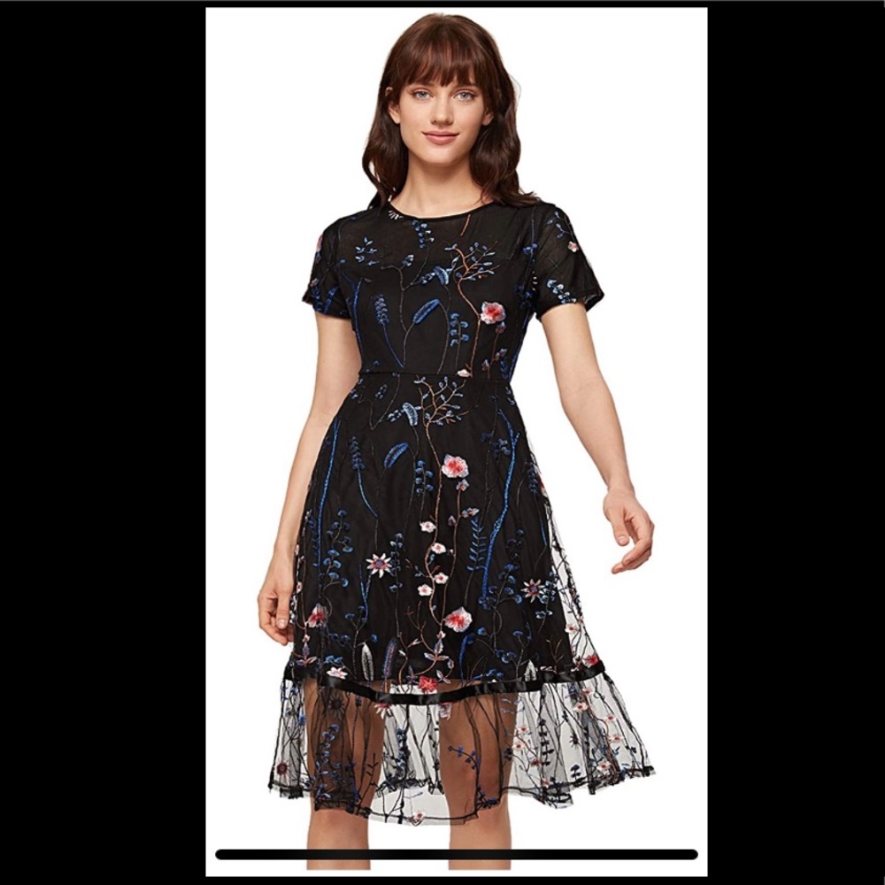 Floral Embroidered Mesh Overlay MIDI Dress